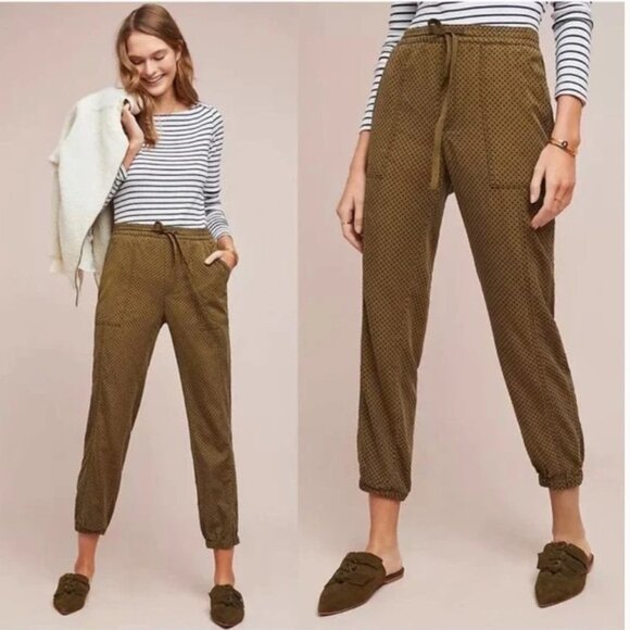 Anthropologie Green Flocked Polka Dot Joggers - Picture 1 of 8